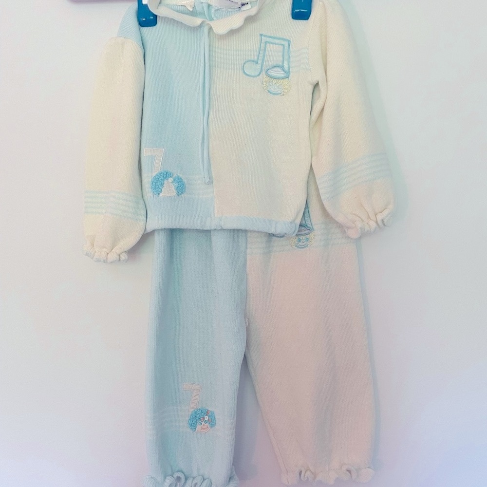 1980's Cozy Blue and White Knit Matching Set with Embroidery
